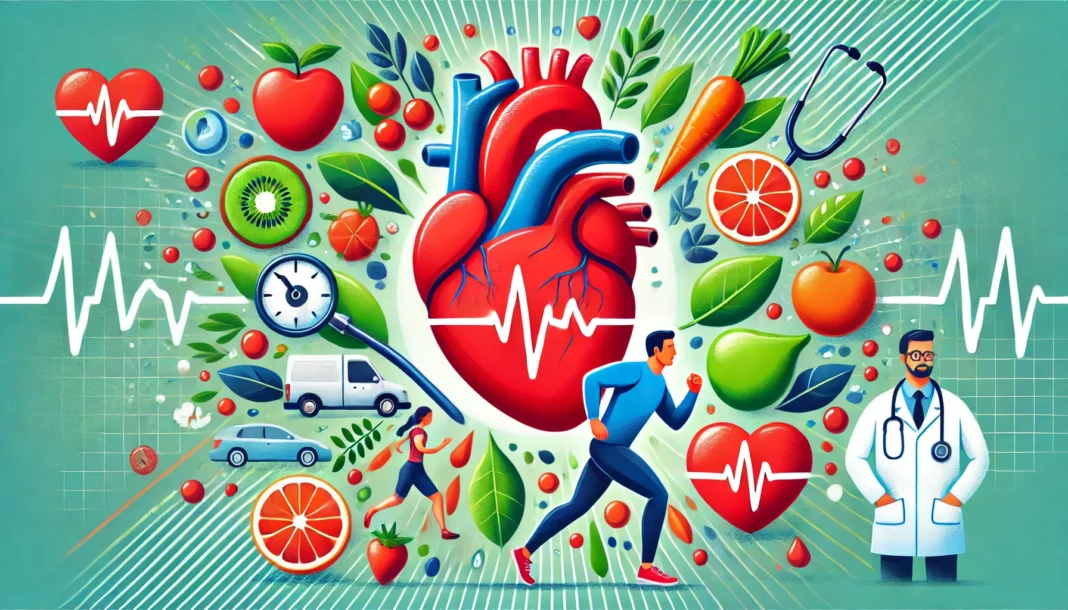 A symbolic illustration of heart health, with a central healthy heart surrounded by elements like fresh fruits, an active jogger, a stethoscope, and a doctor performing a heart checkup.