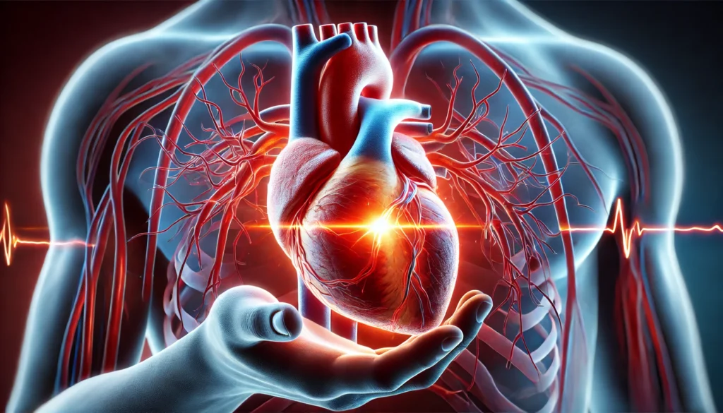 A 3D medical visualization of a heart attack in progress, featuring an artery narrowing due to plaque buildup, restricting blood flow, with a glowing effect highlighting the blockage.