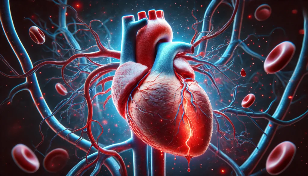 A highly detailed 3D rendering of a heart undergoing a heart attack, depicting a major arterial clot, restricted blood flow, and damaged tissue with realistic blood vessels and muscle structure.