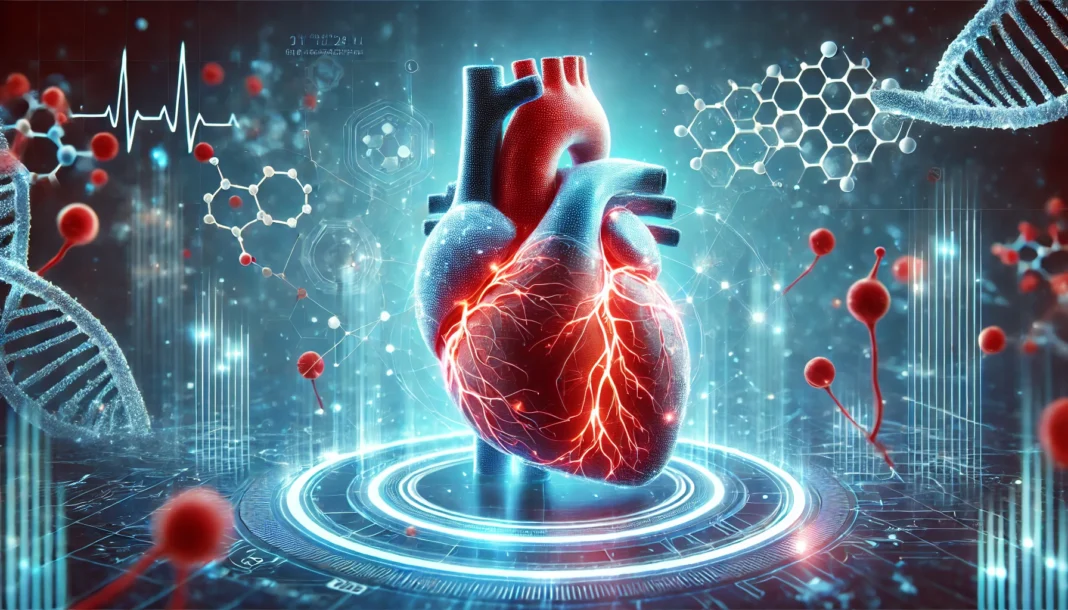 A 3D-rendered digital visualization of a human heart with glowing blood vessels, representing the impact of innovative cardiovascular medications. The futuristic background features a blue-toned medical environment with floating molecular structures.