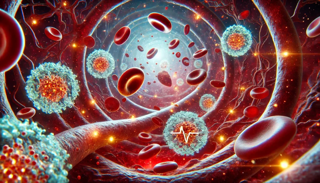 A highly detailed microscopic view of new cardiovascular drugs interacting with blood cells inside a blood vessel. Glowing particles represent active compounds targeting plaque buildup, enhancing heart health in a futuristic vascular environment.