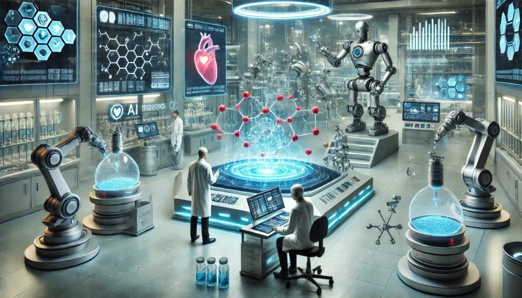 A futuristic biopharmaceutical laboratory featuring robotic arms and AI-powered systems formulating next-generation cardiovascular drugs. Scientists analyze holographic molecular structures while automated machines mix advanced compounds in a sterile, high-tech environment.