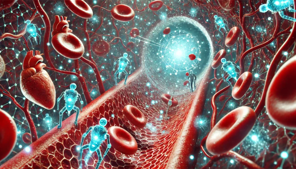 A close-up futuristic concept of nanotechnology-based cardiovascular treatments. Tiny nanobots are shown repairing blood vessel walls and removing cholesterol deposits inside a human artery, with glowing particles representing advanced therapeutic interactions.