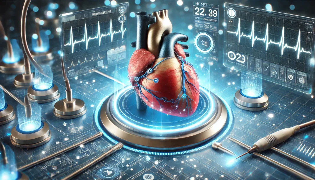 A futuristic cardiac device implanted in a human heart, surrounded by glowing digital interfaces displaying heart rate and medical data in a high-tech medical laboratory with blue and white lighting.