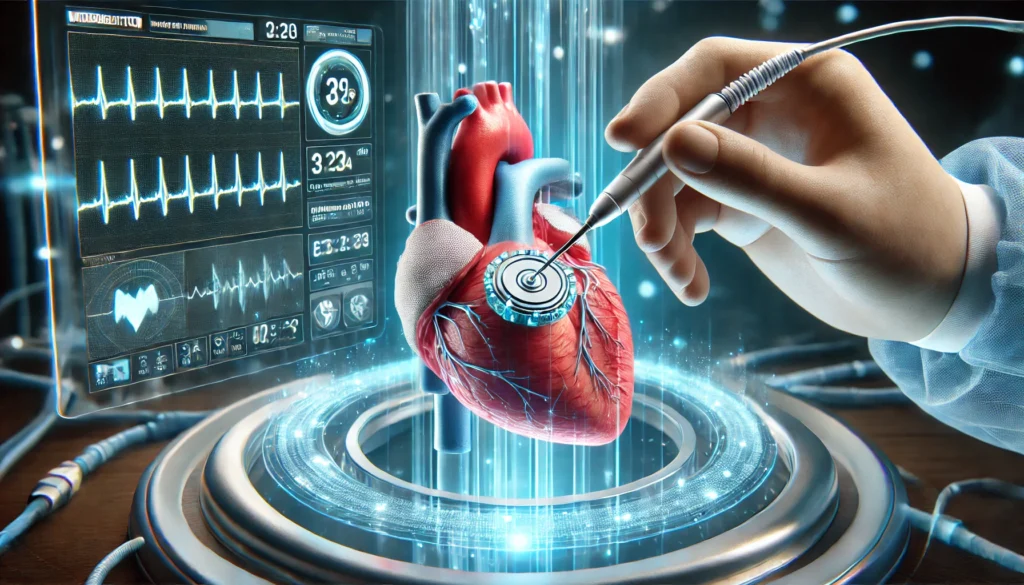A futuristic implantable heart pump being tested in a high-tech laboratory, with scientists monitoring its performance using augmented reality interfaces. A transparent heart model showcases the device’s function, surrounded by advanced medical equipment.