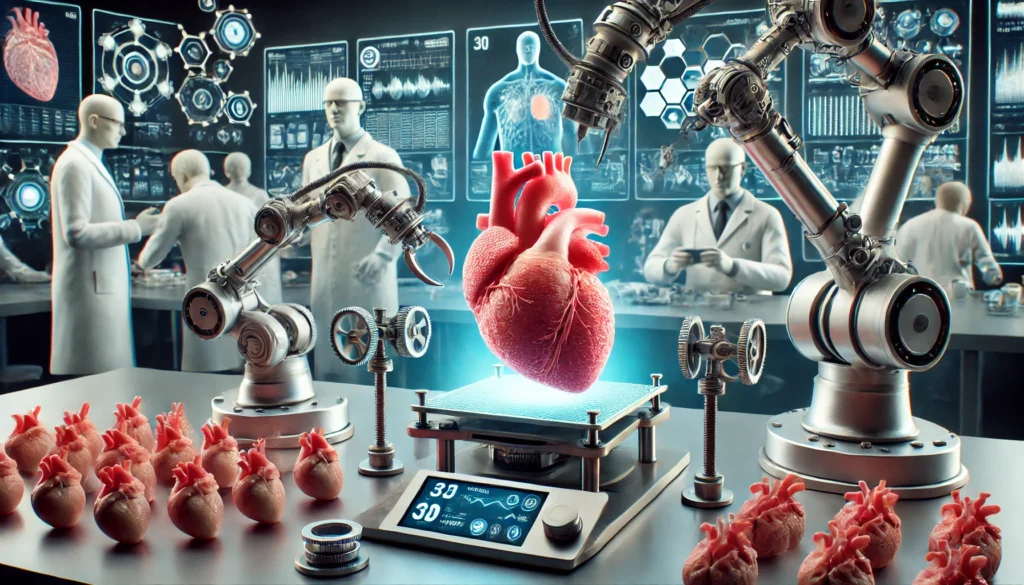 A revolutionary nano-robotic system repairing heart tissue at a microscopic level, featuring tiny medical robots working on damaged cardiac cells. The background includes a futuristic medical research environment with advanced visualization screens.