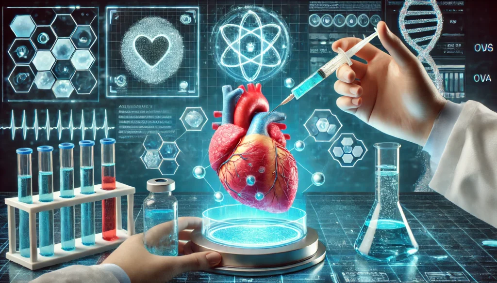 A futuristic heart regeneration therapy using stem cells, set in a high-tech laboratory where scientists are injecting advanced bioengineered cells into a beating heart model, with digital medical data and holographic heart visuals in the background.