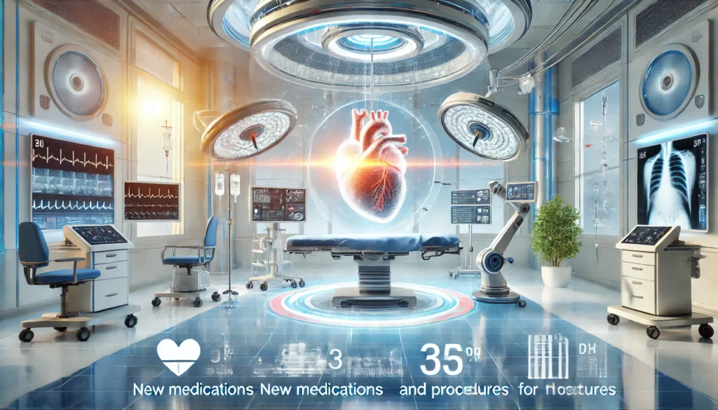 A high-tech hospital setting featuring advanced robotic-assisted heart surgery and cutting-edge catheter-based procedures. Bright and modern medical equipment symbolizes new breakthroughs in heart failure treatment, offering hope for patients.