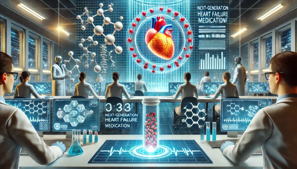 A futuristic pharmaceutical laboratory where scientists analyze molecular structures on digital screens. A glowing pill in the foreground represents groundbreaking advancements in heart failure medications, symbolizing innovation and medical progress.