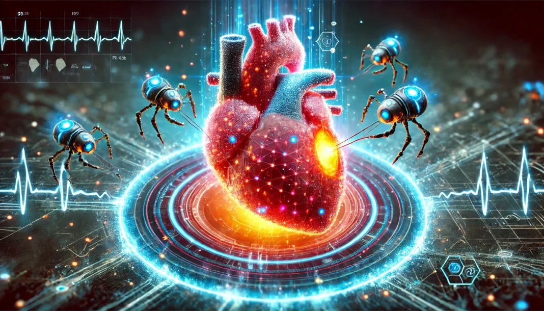 A conceptual digital artwork of a semi-transparent human heart being repaired by tiny microscopic robots. The glowing, futuristic design illustrates nanotechnology's role in regenerating heart tissue and advancing heart failure treatment.