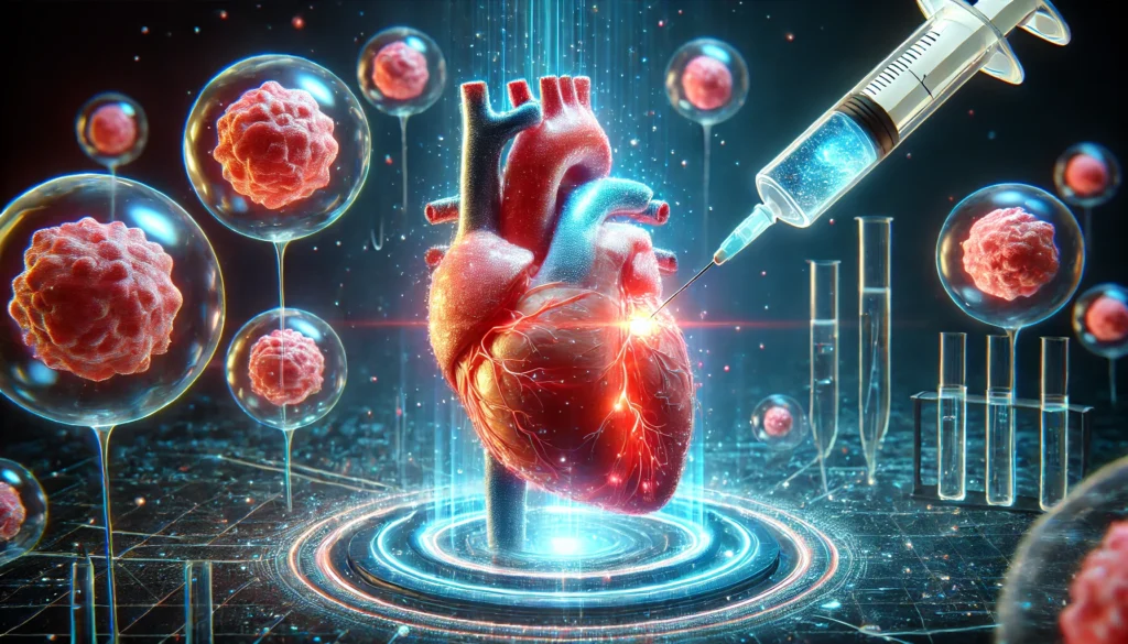 A glowing 3D-rendered human heart undergoing regeneration through stem cell therapy. Tiny cells are seen repairing damaged heart tissue, representing a revolutionary breakthrough in heart failure treatment and cardiac recovery.
