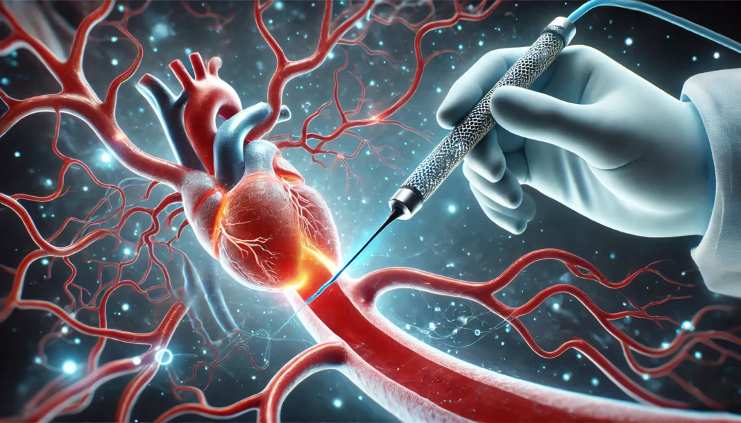 A high-tech depiction of a cardiac catheterization procedure, showcasing a stent being placed inside a coronary artery within an advanced medical setting with glowing vascular structures.
