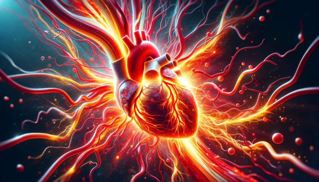 An artistic visualization of myocardial reperfusion, displaying a previously blocked coronary artery reopening with a burst of vibrant red and gold colors, symbolizing restored blood flow and successful intervention.