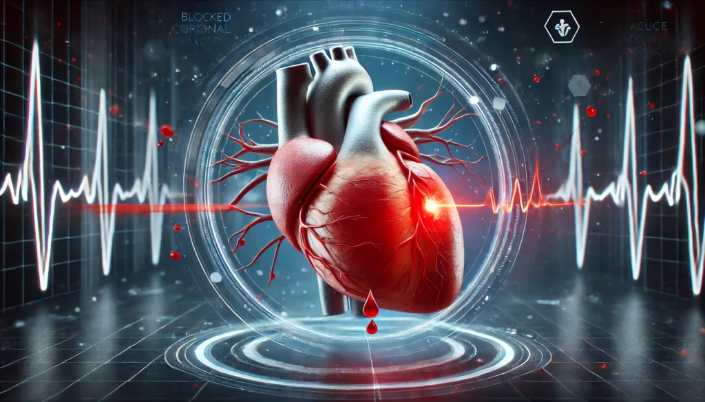 A realistic 3D medical illustration of a heart attack in progress, with a blocked coronary artery highlighted in red, representing the urgency of acute myocardial infarction treatment in a high-tech medical setting.