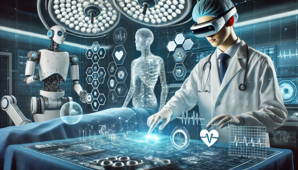 Futuristic operating room with a physician wearing augmented reality glasses performing surgery alongside a robotic assistant, with holographic medical data floating in a high-tech, modern environment