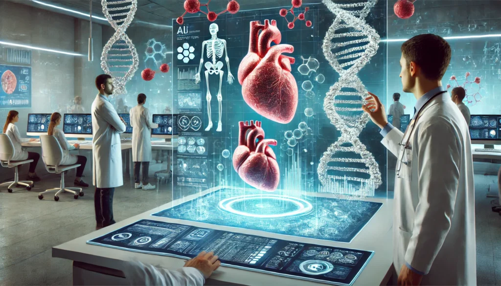 Advanced medical research lab where scientists and physicians collaborate using AI-powered systems, examining 3D-printed organs and genetic data on transparent screens with glowing molecular structures in the background