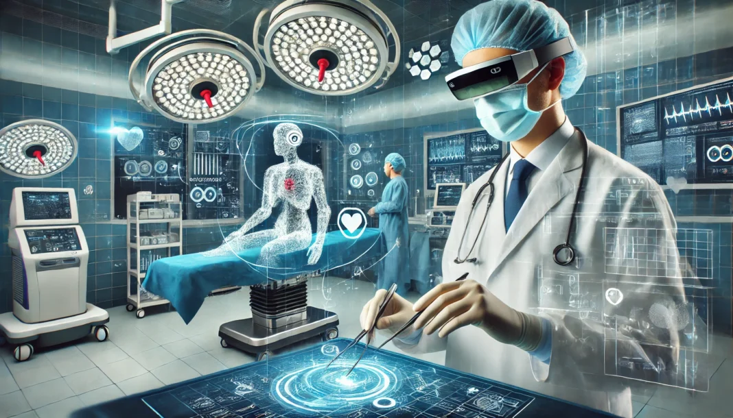 Futuristic operating room where a physician wearing augmented reality glasses performs surgery with a robotic assistant, surrounded by holographic medical data and advanced technology.