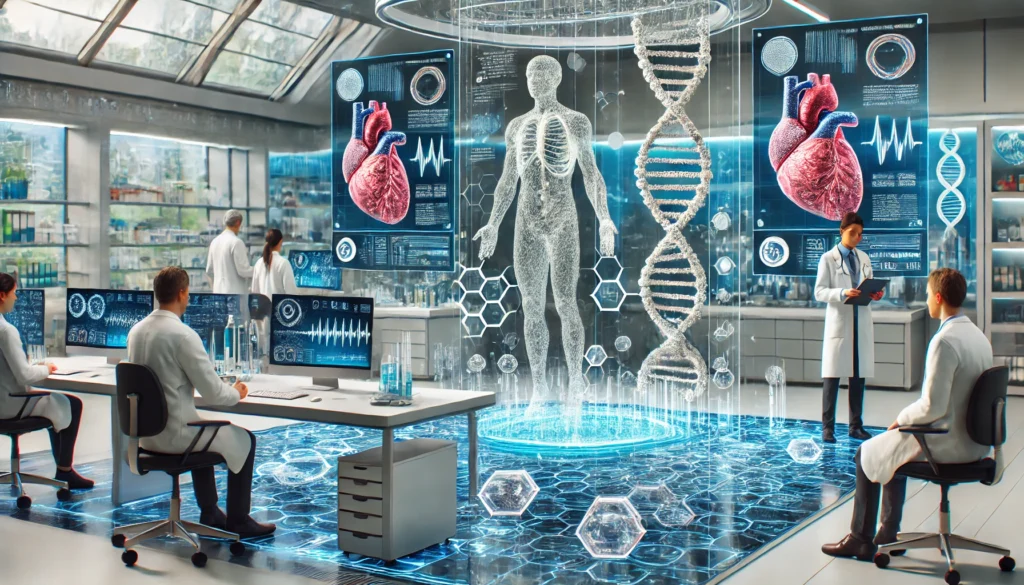 Next-generation medical research lab where doctors and AI systems collaborate, featuring 3D-printed organs, transparent screens with DNA structures, and futuristic biotech equipment