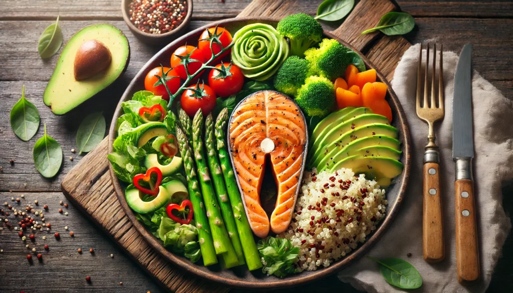 A wholesome, heart-friendly meal served on a plate, featuring grilled salmon, quinoa, steamed vegetables, and avocado slices. The dish is beautifully arranged with vibrant colors, set on a rustic wooden table with soft, natural lighting, emphasizing a balanced and nutritious meal for heart health.