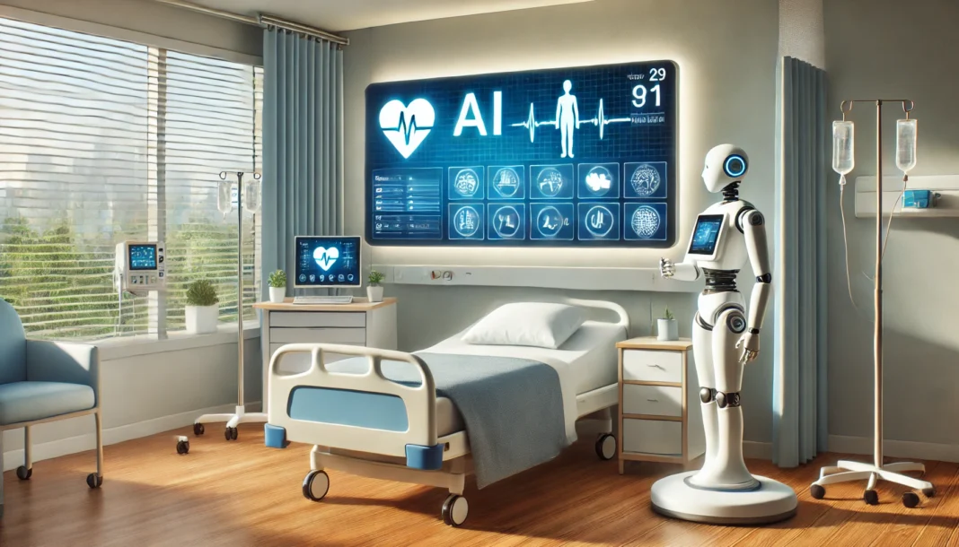 Patient room with AI-assisted medical devices, including a robotic assistant and an intelligent screen showing personalized care recommendations.