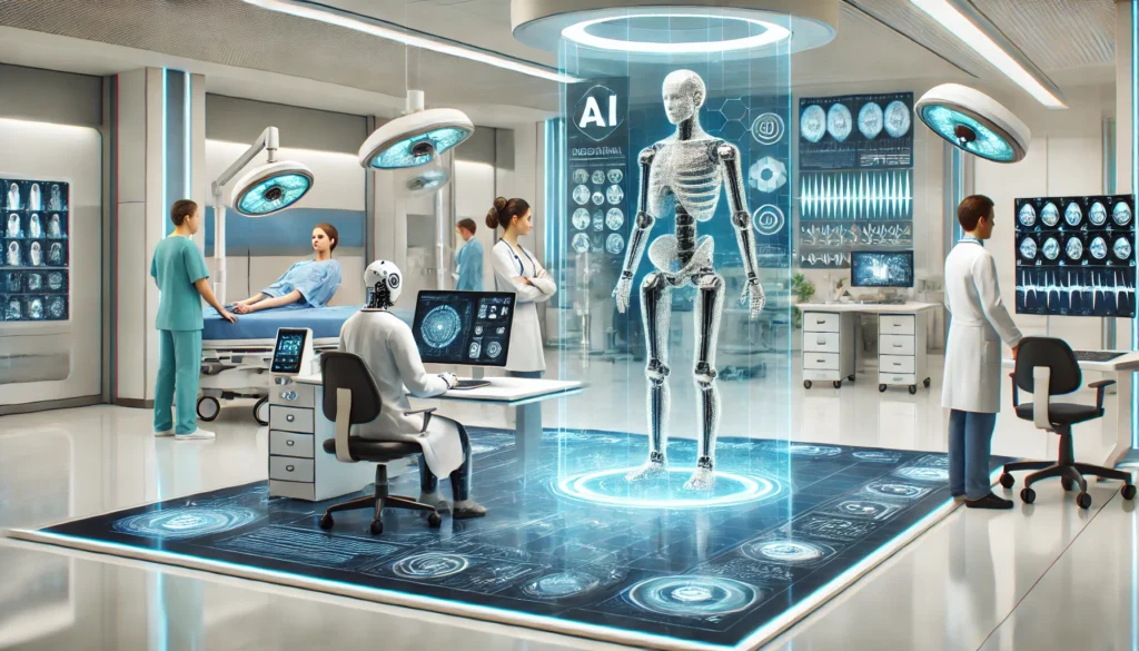 Futuristic hospital with AI-powered robots and holographic medical displays assisting doctors in patient diagnosis and care