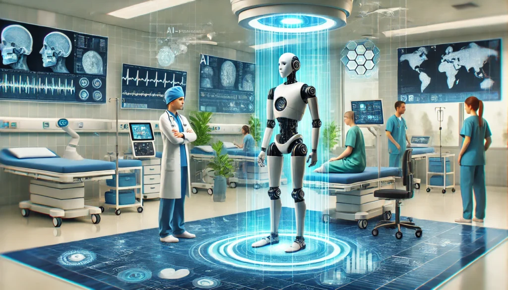 AI-powered robotic assistants and doctors collaborating in a modern hospital, with holographic medical scans and digital interfaces enhancing patient diagnosis.