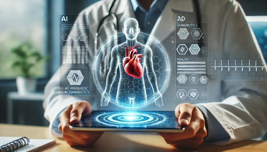 Healthcare professional using a tablet with AI-generated 3D holographic anatomical data, set in a sleek and high-tech clinical environment