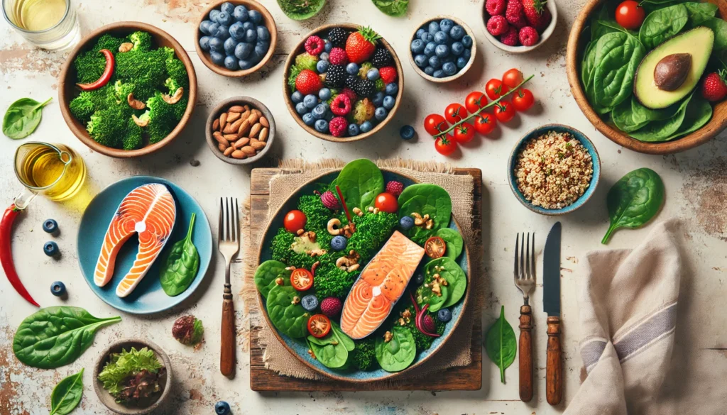 A top-down view of a colorful heart-healthy meal featuring grilled salmon, a fresh spinach and kale salad with cherry tomatoes, nuts, and olive oil dressing, a bowl of mixed berries, and a side of quinoa, all served on rustic plates with wooden cutlery.
