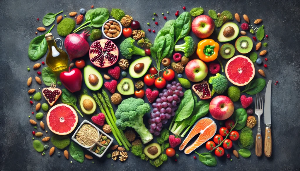 A vibrant heart-shaped arrangement of heart-healthy foods on a dark slate background, featuring pomegranates, apples, kale, avocados, nuts, brown rice, salmon, and olive oil