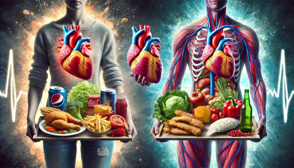 A conceptual artwork comparing two individuals with different diets. One person holds a tray of processed foods like fried chicken and soda, linked to an inflamed heart, while the other carries a plate of vegetables, fish, and whole grains, representing a strong, healthy heart. The background transitions from a deteriorating to a vibrant health spectrum
