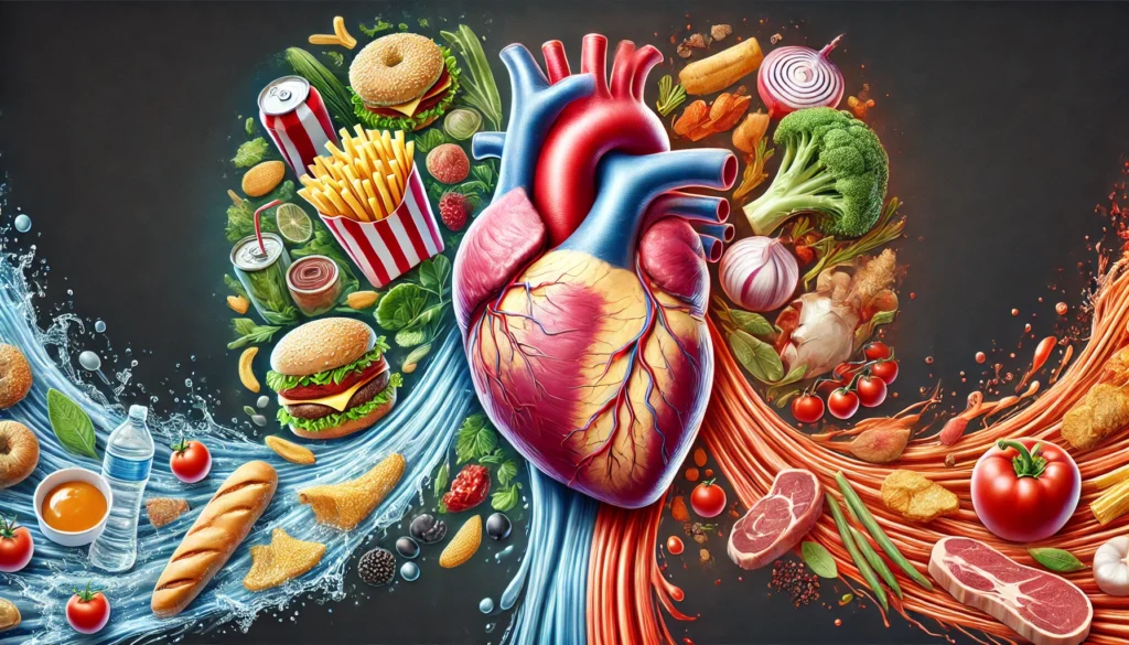 An artistic visualization of diet and heart health. A realistic human heart at the center is impacted by two streams of food: fast food and processed meals on one side causing dark, inflamed arteries, and fresh vegetables, lean proteins, and whole grains on the other side nourishing clear arteries. The image emphasizes how diet directly affects cardiovascular health