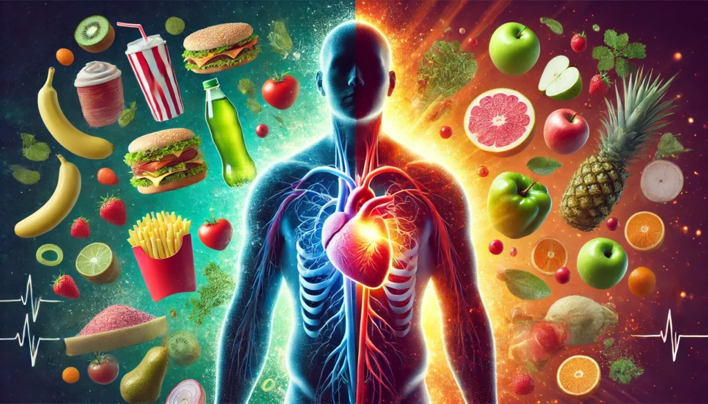 A symbolic representation of cardiovascular health and lifestyle choices. A split human silhouette shows one half affected by an unhealthy diet of fast food and soda, leading to obesity and heart disease, while the other half represents a healthy diet of fruits, vegetables, and whole grains, promoting a strong heart and vitality. The image contrasts poor and healthy lifestyles.