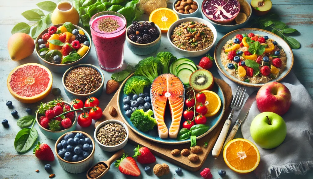 A colorful, heart-healthy meal spread featuring fresh fruits, vegetables, whole grains, and lean proteins, including salmon with quinoa and greens, a mixed berry smoothie, and oatmeal with nuts and seeds.