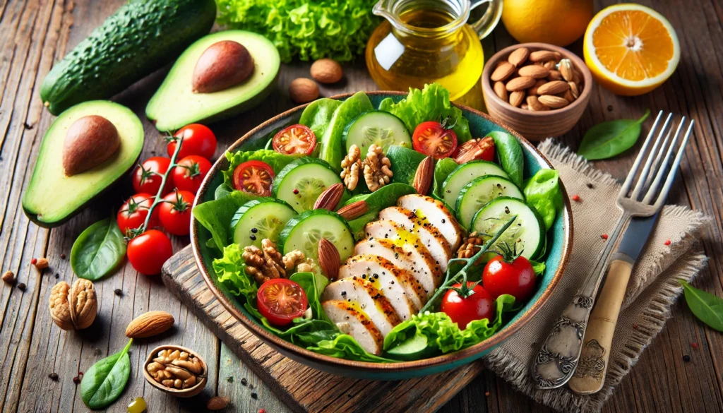 A vibrant, heart-healthy salad bowl filled with leafy greens, cherry tomatoes, cucumbers, walnuts, and grilled chicken, drizzled with olive oil, surrounded by wholesome ingredients like avocados and citrus fruits.