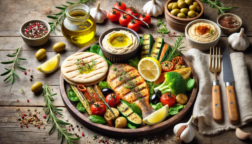 A beautifully arranged Mediterranean-style heart-healthy meal with grilled fish, roasted vegetables, whole grain pita, hummus, and garnishes of fresh herbs and olive oil on a rustic wooden setting.