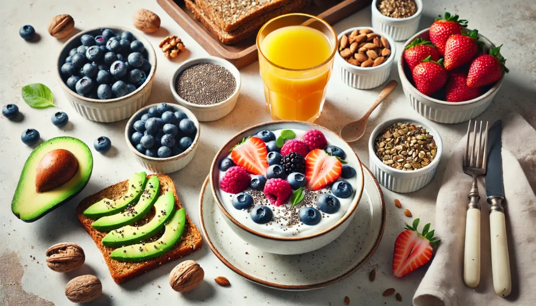 A nutritious heart-healthy breakfast spread featuring Greek yogurt with fresh berries and chia seeds, whole grain toast with avocado, and a glass of freshly squeezed orange juice, accompanied by nuts and seeds.