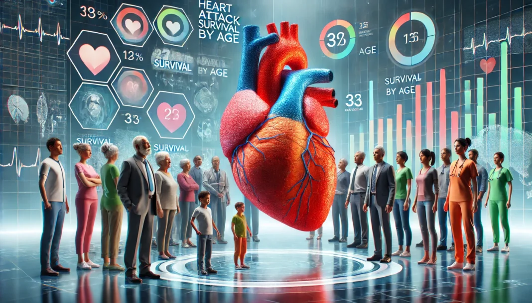 A group of people of various ages standing next to a 3D-rendered human heart, with different colors indicating survival probabilities, set in a medical research environment.