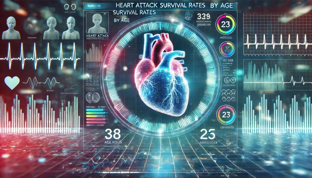 A futuristic medical research illustration featuring a glowing digital heart surrounded by a data matrix, with age groups represented by color-coded waveforms in a high-tech medical lab.
