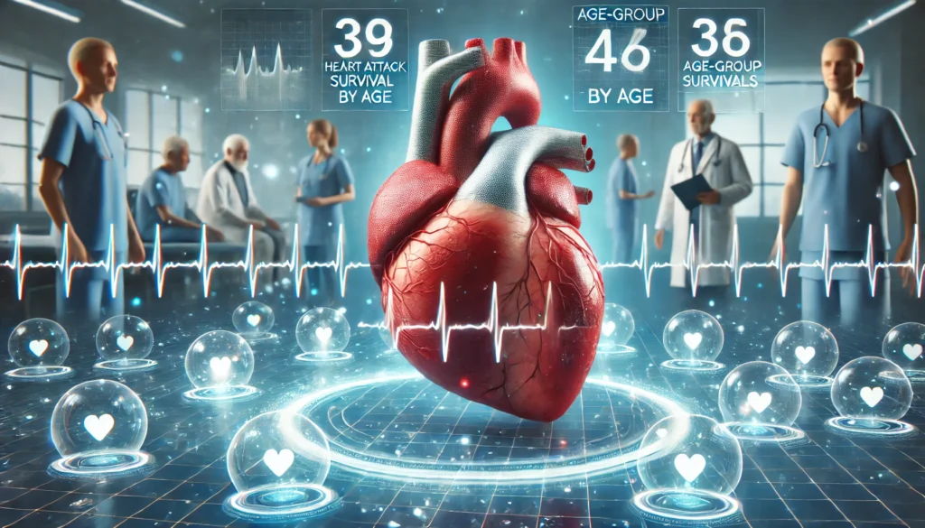 A 3D-rendered realistic heart with pulse lines, surrounded by floating age-group indicators in a futuristic hospital setting with advanced diagnostic technology.