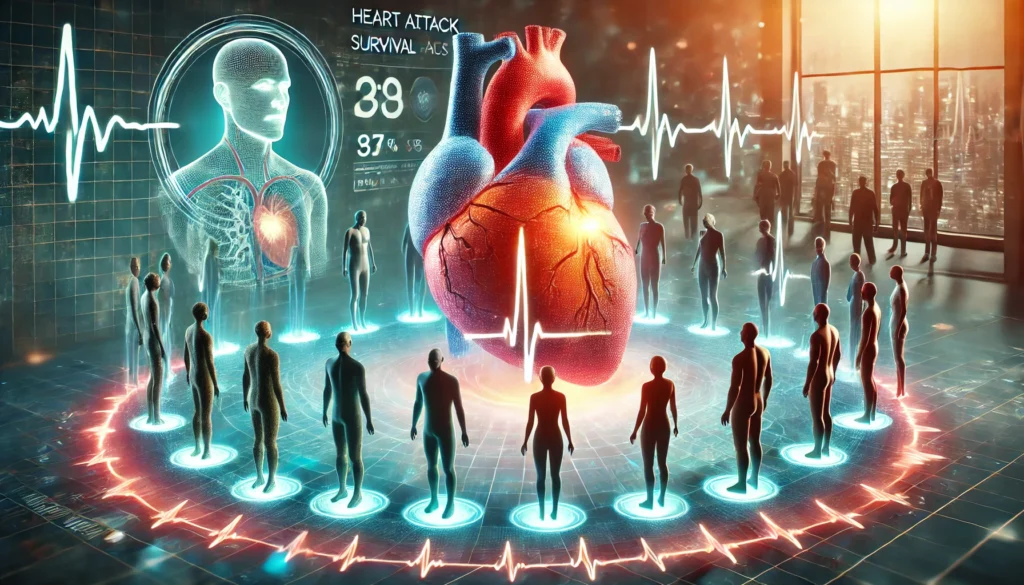 A conceptual visualization with a large glowing heart and an ECG pulse line extending across human silhouettes of different ages, with gradient colors indicating survival probabilities in a futuristic medical research lab.