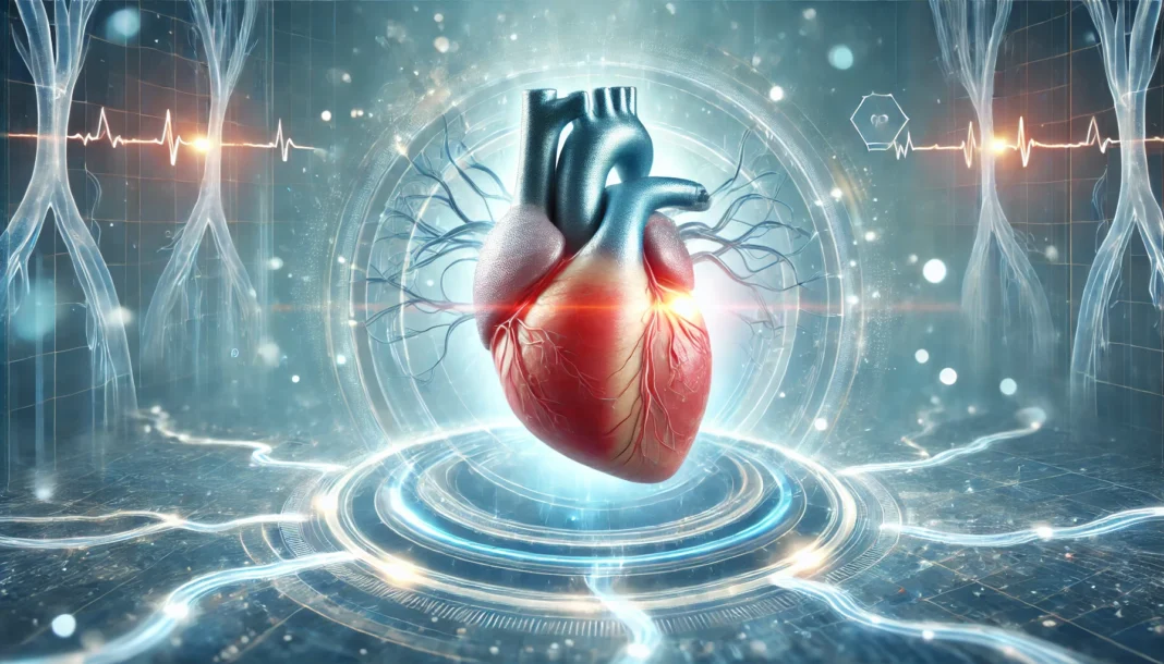 A futuristic medical visualization of a glowing human heart surrounded by healthy arteries and veins, with a soft blue aura symbolizing enhanced cardiovascular health.