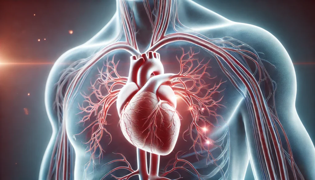 A detailed 3D-rendered image of a circulatory system, highlighting a strong and healthy heart with smooth, unobstructed arteries and veins, representing cardiovascular well-being.