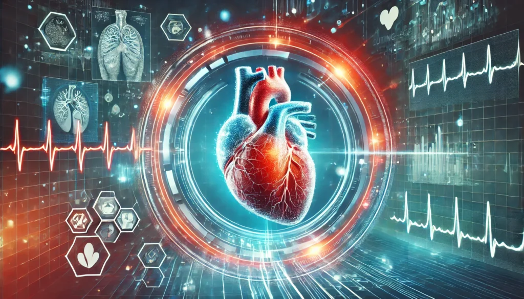 A futuristic concept showing a glowing heart integrated with advanced biotechnology, surrounded by a digital representation of blood flow and medical data, emphasizing cutting-edge cardiovascular treatment.