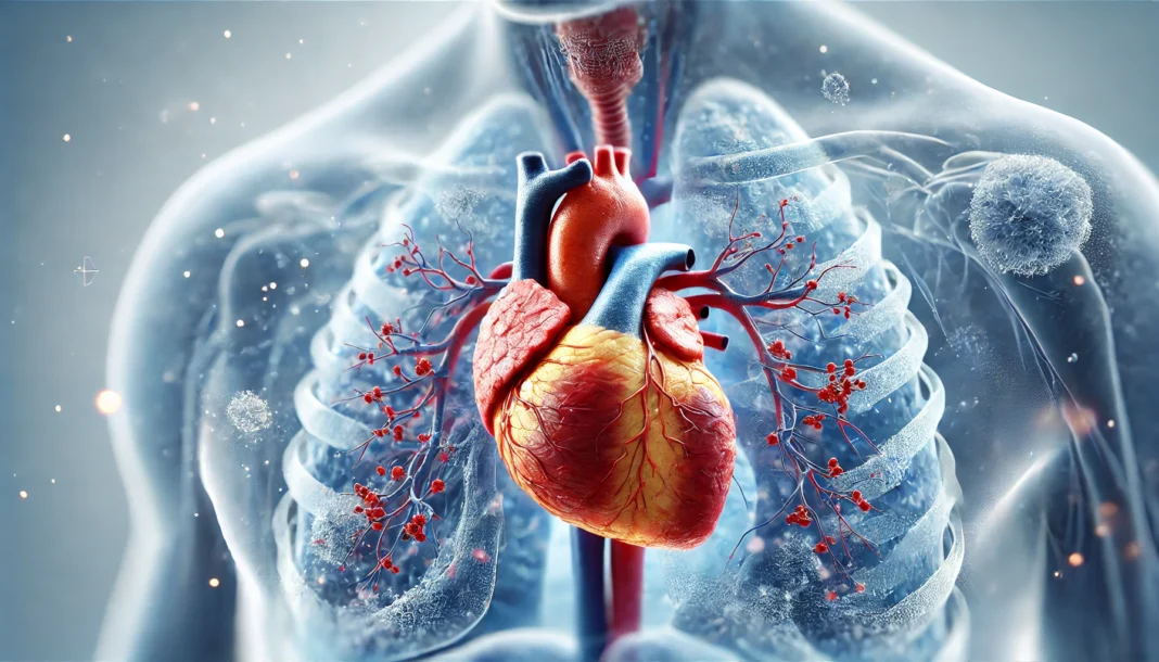 A realistic 3D-rendered image showing an enlarged heart, constricted arteries, and darkened lung tissue, illustrating conditions like heart failure and COPD.