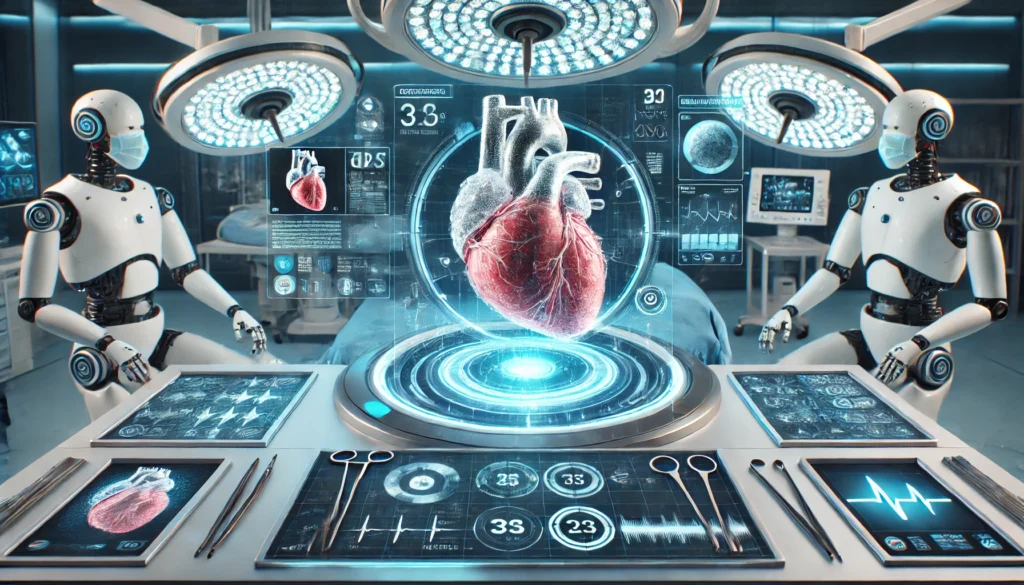 An AI-assisted robotic surgery scene with a holographic display monitoring a diseased heart and lungs in real-time, set in a high-tech surgical environment.