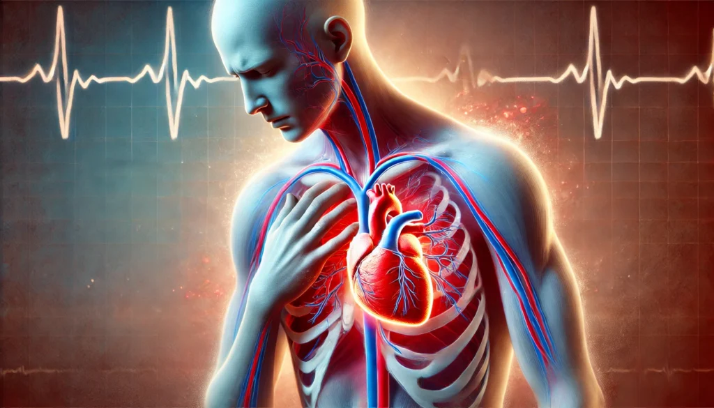 A human figure experiencing cardiopulmonary distress, with a glowing red heart and inflamed lungs, clutching their chest in pain. Faint blue lines indicate difficulty breathing, symbolizing shortness of breath and cardiovascular strain.