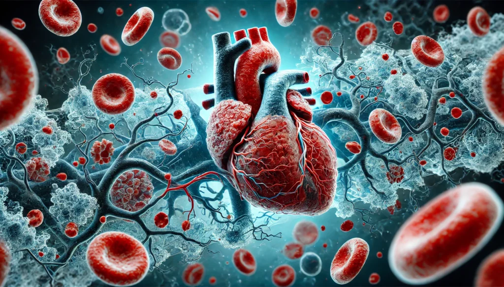 A close-up visualization of cardiopulmonary disease at a cellular level, showing clogged arteries, inflamed alveoli, and reduced oxygen exchange, with a dark blue medical theme to emphasize disease severity.