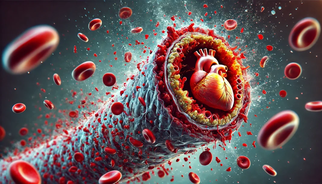 A hyper-realistic visualization of a human artery clogged with cholesterol and blood clots, showing plaque buildup and restricted blood flow.