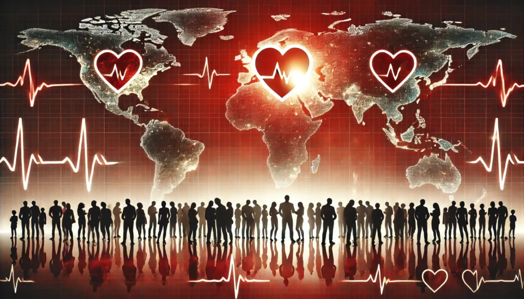 A symbolic image of diverse people with glowing heart symbols on their chests, some dimming or fading, against a world map with heartbeat lines, representing the worldwide effect of heart disease.