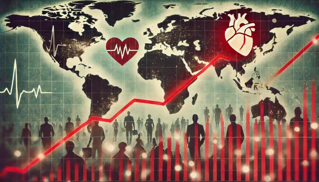 A red line graph displaying the rising trend of heart disease cases, overlaid on a faded world map. Silhouettes of people and heart symbols in the background emphasize the global impact of the increasing numbers.